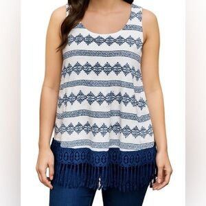 Entro Blue White Geometric Sleeveless Fringe Hem Coastal Babydoll Top Size M